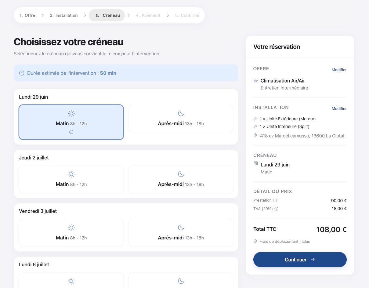 Offre Module Entretien : tunnel de réservation et paiement en ligne pour entretien CVC