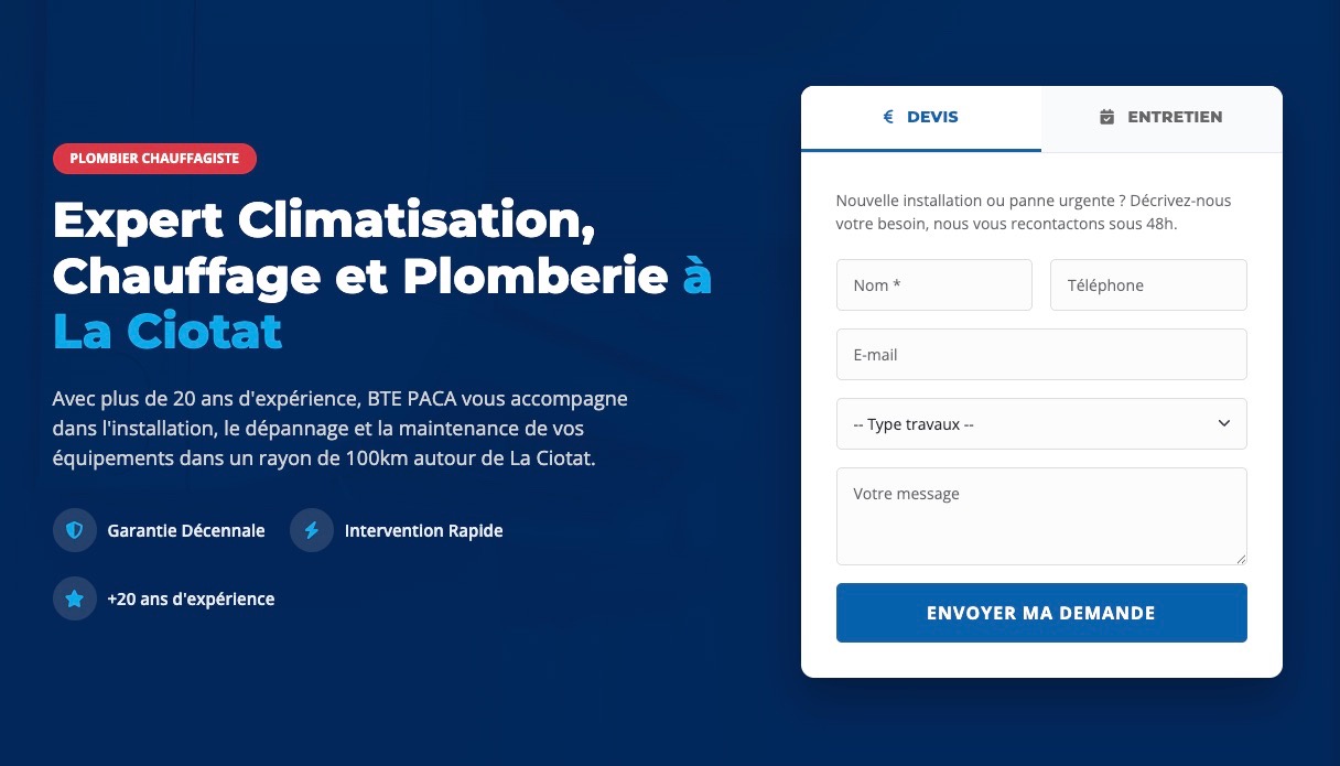 Offre Site Premium : pages de services et formulaire de demande de devis pour artisan CVC